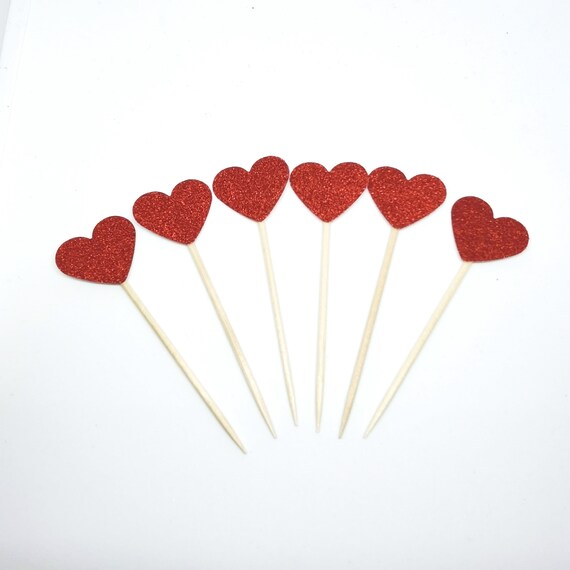 8 Red Glitter Heart Picks-red Glitter Foam Hearts on Wood Stick-cupcake  Topper-cake Topper-bouquet Decor-craft Supply 