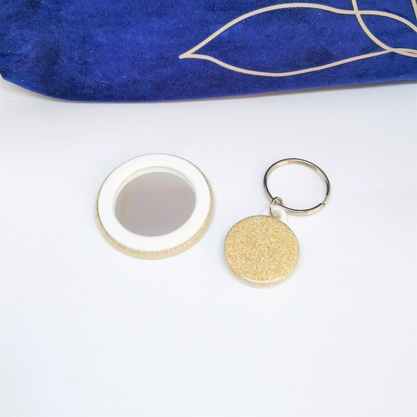 Coffret cadeau miroir pailleté et porte-clés, miroir de maquillage de poche champagne avec porte-clés assorti, miroir 45 mm, porte-clés 25 mm