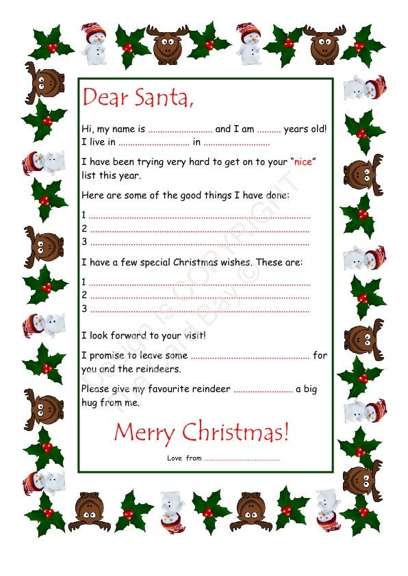 Printable Letter to Santa, Instant Download A4 PDF Santa Letter With ...