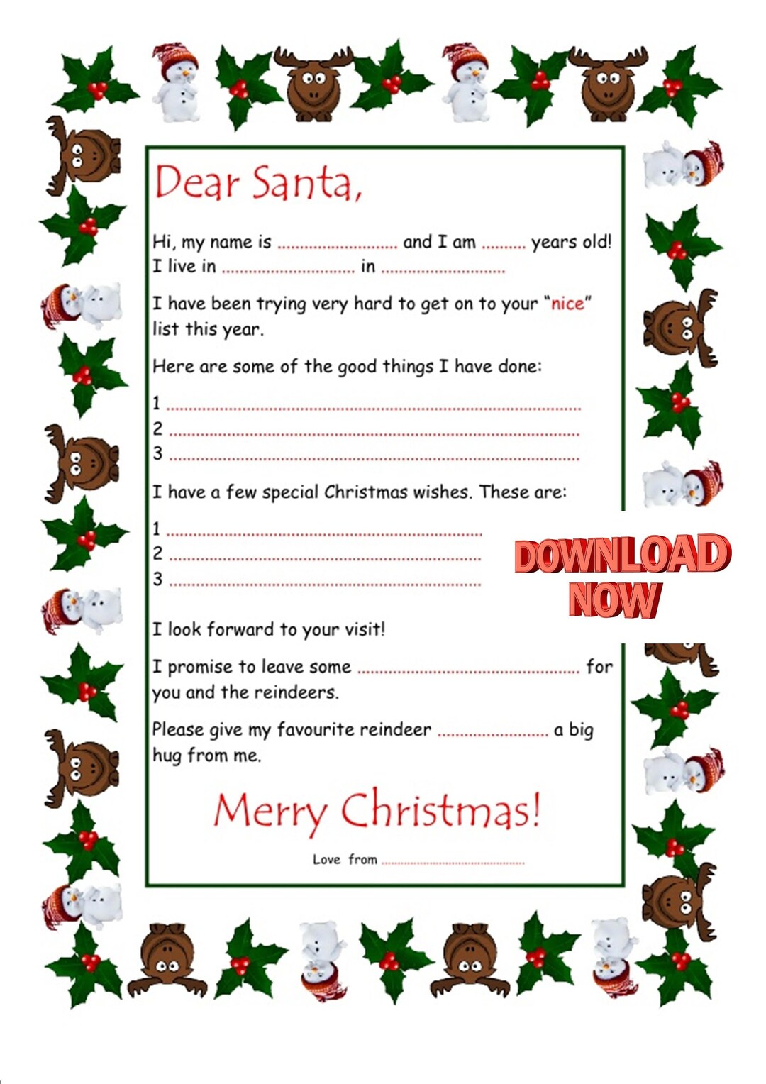 Printable Letter to Santa, Instant Download A4 PDF Santa Letter With ...