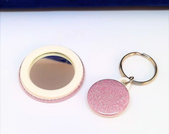 Mirror & Keyring Gift Set, Pink Glitter Pocket  Travel Handheld Clutch Make-up Mirror with Matching Keyring