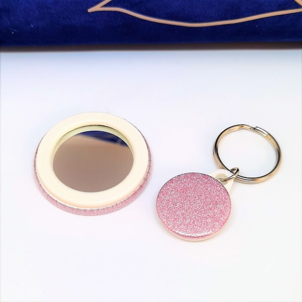 Coffret cadeau miroir et porte-clés, miroir de maquillage de poche à paillettes roses avec porte-clés assorti