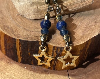 Dallas Cowboy Earrings, Gold Star Dangle Earrings, Blue Beaded Earrings