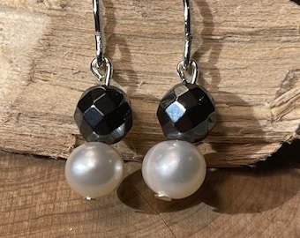 Pearl and Hematite Earrings, Pearl and Silver Earrings