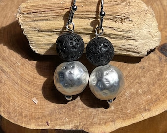 Silver and Lava Stone Beaded Earrings, 8mm beads
