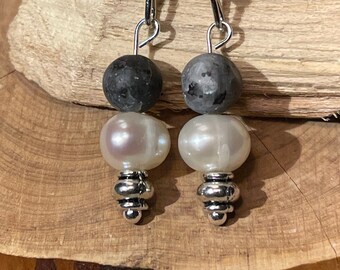 Pearl and Gray Stone Earrings, Stone Beads and Pearls