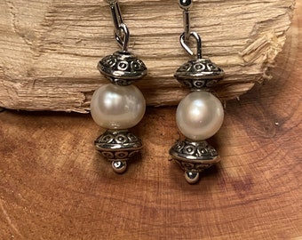 Pearl and Silver Earrings, Silver Beads, Pearl Earrings