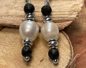 Pearl, Lava Bead and Silver Earrings