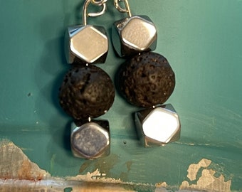 Hematite and Lava Stone Beaded Earrings, Black and Silver Stone Earrings