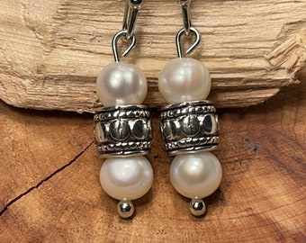 Pearl and Silver Earrings, Silver Beads