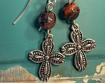 Garnet and Silver Cross Earrings