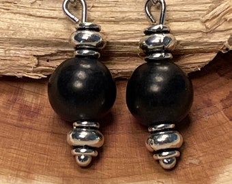 Black and Silver Earrings, 8mm black beads