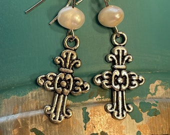 Pearl and Silver Cross Earrings