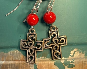 Silver Cross and Red Beaded Earrings