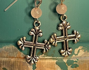 Silver Cross and Pink Beaded Earrings