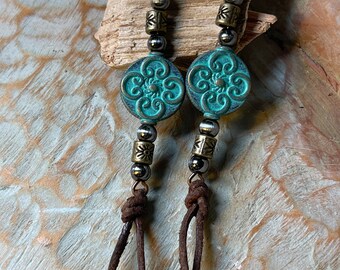 Turquoise, Silver, Bronze and Leather Earrings