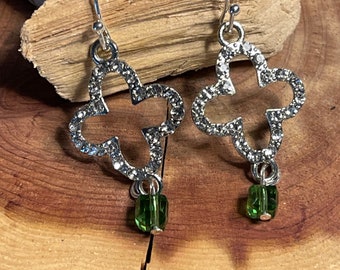 Green glass beaded earring. Diamond medallion earrings. St. Patrick’s Day earrings.