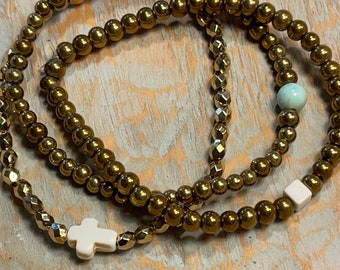 Gold Beaded Bracelets. Ivory Cross bracelet. Set of 3.