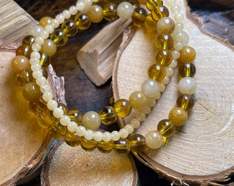 Yellow Agate Beaded Bracelets. Set of 3.