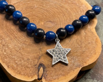 Dallas Cowboys, Blue, Black and Silver Star Necklace, Necklace, Silver Star Pendant, Magnetic Clasp, Back The Blue, Blue and Black beads