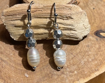 Pearl and Silver Earrings, Beaded Earrings, Freshwater Pearls