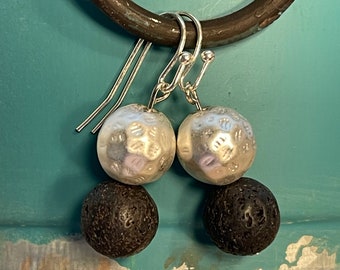 Silver and Lava Stone Beaded Earrings
