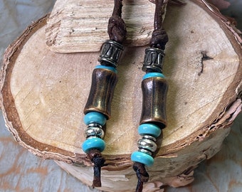 Bronze, Silver, Turquoise and Leather Earrings