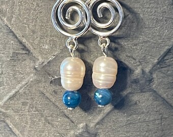 Pearl, Blue Agate and Silver Drop Earrings