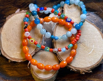 Blue, Orange and Flower Beaded Bracelets. Agate and Glass beads. Set of 3.