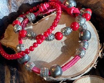 Red, Suede and Silver Bracelets. Set of 3.