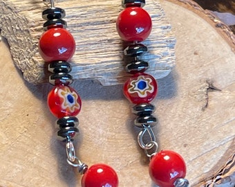 Red, Silver, Hematite and Flower Beaded Earrings