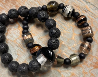 Lava Stone and Glass Beaded Bracelets. Set of 2.