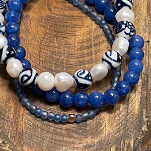 Blue and Pearl Beaded Bracelets. Blue, glass beads.Blue and Gold beads. Pearls.