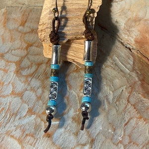 Silver, Leather and Turquoise Beaded Earrings