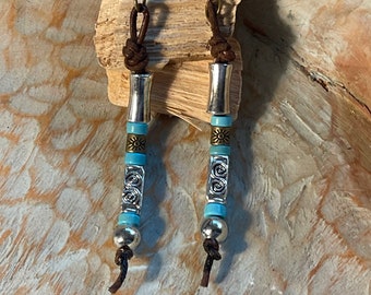 Silver, Leather and Turquoise Beaded Earrings