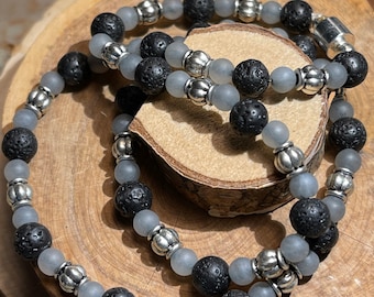 Lava Stone, Gray and Silver Beaded Necklace, Magnetic Clasp, 6mm beads