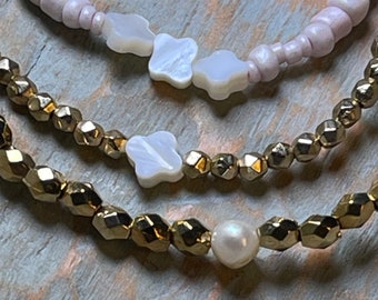 Gold, Pink and Pearl Bracelets. Set of 3.