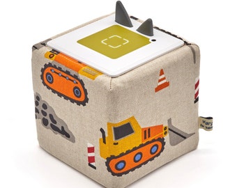 Protective cover for the Toniebox, 1 cover, cotton, "On the Construction Site" design, perfectly fitting, sturdy fabric, beige, excavator, dump truck