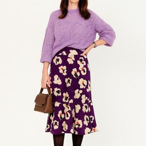 M, Wool Midi Skirt, Purple Floral Trumpet Skirt