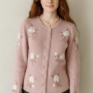 S/M, Wool/Angora/Mohair Cardigan, Rose Embroidery Cardigan, Floral Sweater