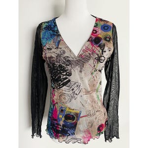 M, Long sleeve Mesh Top, Graphic Mesh Top , 2000s