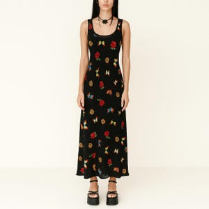 M, Vintage Long Black Dress with Butterflies and Flowers, Summer Maxi Dress