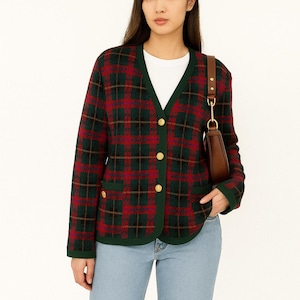 M/L, Vintage 70s 80s Plaid Cardigan, Tartan Cardigan, Lana Wool Blend, Old Money