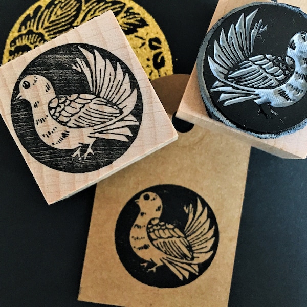 Rubber stamp japanese art vintage decoration bird pigeon nature motif wooden mounted paper craft gift self-made design stamp