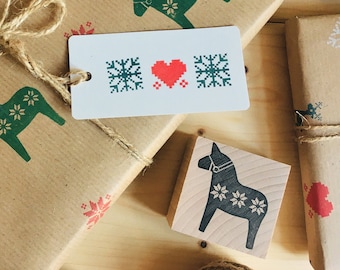 Rubber stamp dala horse with knitting pattern scandinavian nordic christmas motif wooden mounted paper craft gift self-made design stamp