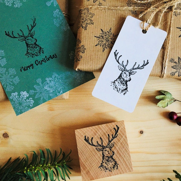 Rubber stamp deer christmas wooden mounted paper craft gift self-made design stempel