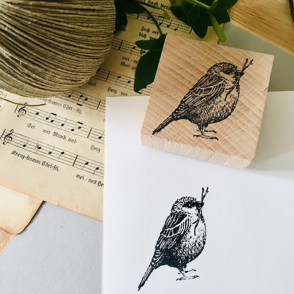 Vintage rubber stamp bird sparrow wooden mounted paper craft gift self-made design stamp