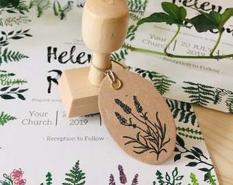 Sello de goma con diseño de lavanda botánica, planta, flor, montado en madera, papel, artesanía, regalo, sello de diseño hecho a mano.