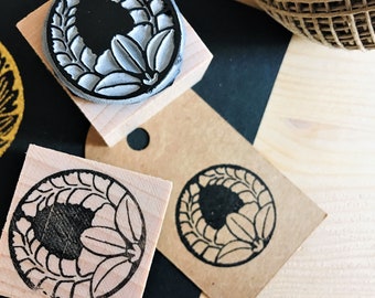 Rubber stamp japanese art vintage decoration flower leaves nature motive wooden mounted paper craft gift self-made design stempel