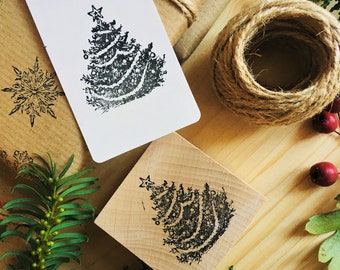Sello de goma con forma de árbol de Navidad, montado en madera, para manualidades en papel, regalo con diseño propio.